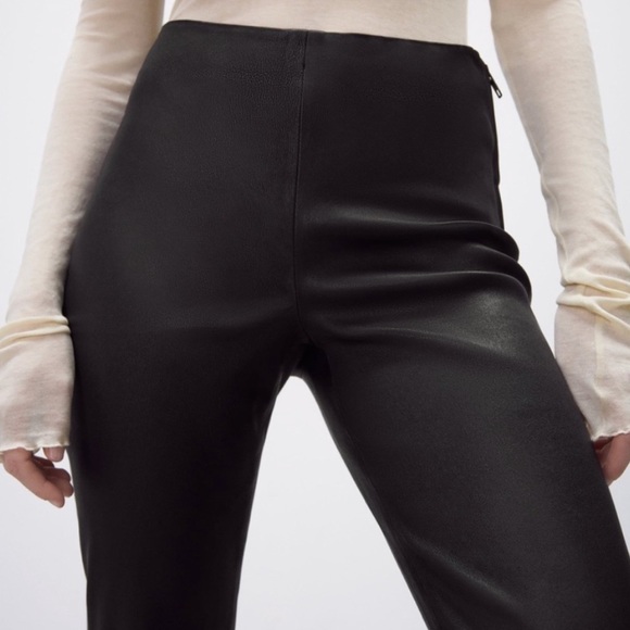 ZARA Genuine Leather Pants Black Cropped Flared XL-w/STRETCH - Picture 5 of 5